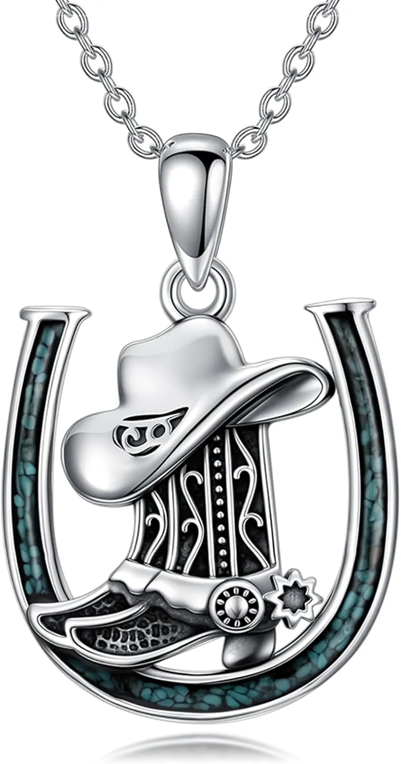 Western Cowboy Necklace 925 Sterling Silver Horseshoe Pendant Western Jewelry Cowgirl Gifts for Women Girlfriend Cowboy Cowgirl