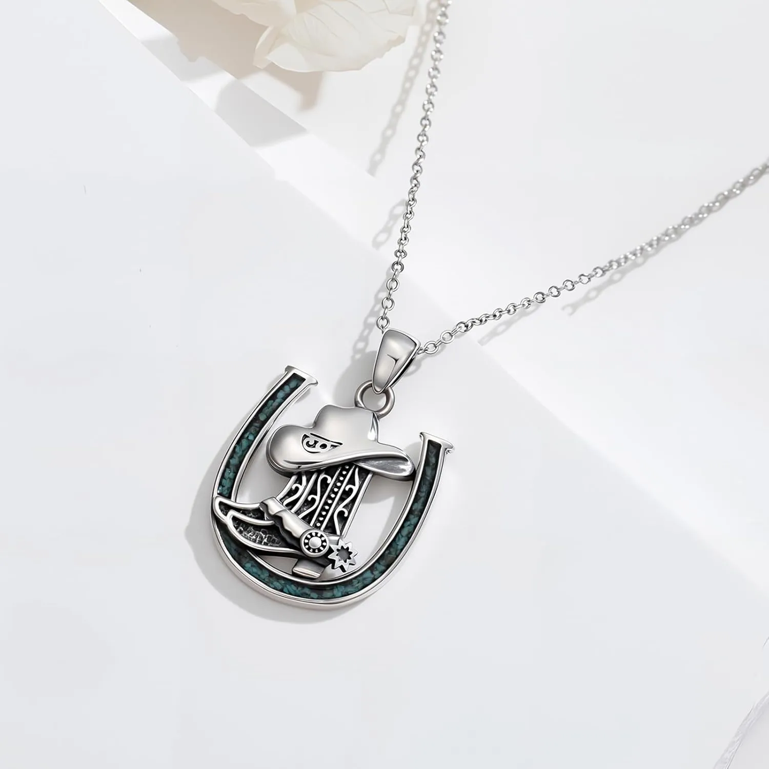 Western Cowboy Necklace 925 Sterling Silver Horseshoe Pendant Western Jewelry Cowgirl Gifts for Women Girlfriend Cowboy Cowgirl