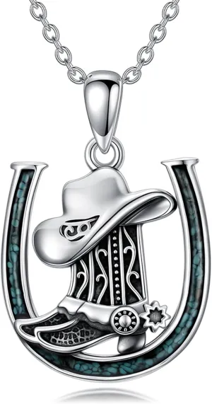 Western Cowboy Necklace 925 Sterling Silver Horseshoe Pendant Western Jewelry Cowgirl Gifts for Women Girlfriend Cowboy Cowgirl