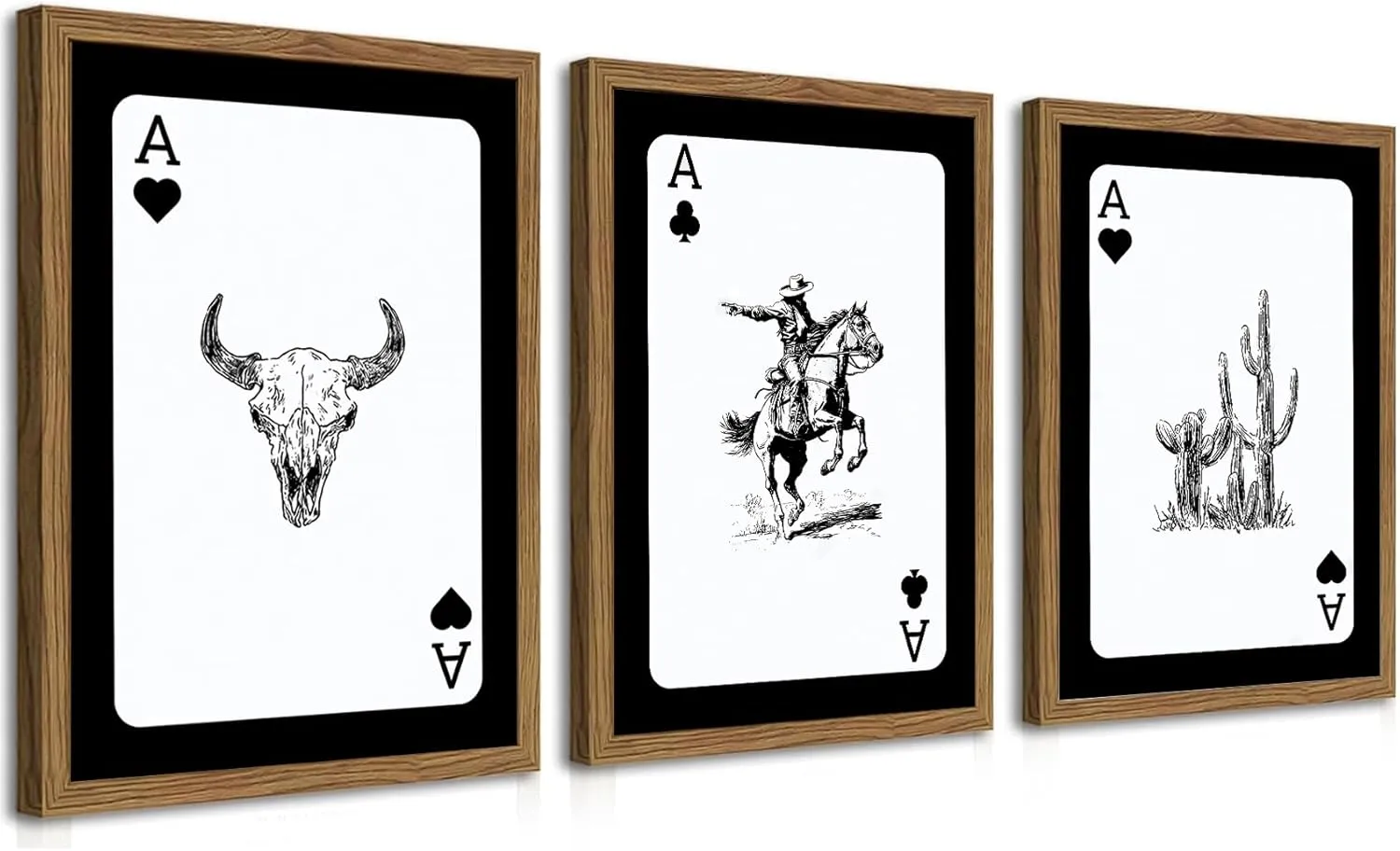 Western Cowboy Wall Art Set Of 3 Cowboy Print Playing Card Inspired Southwestern Canvas Poster Trendy Western Wall Decor Longhorn Bull Skull Room Decor for Bedroom Living Room Framed 12x16 inch