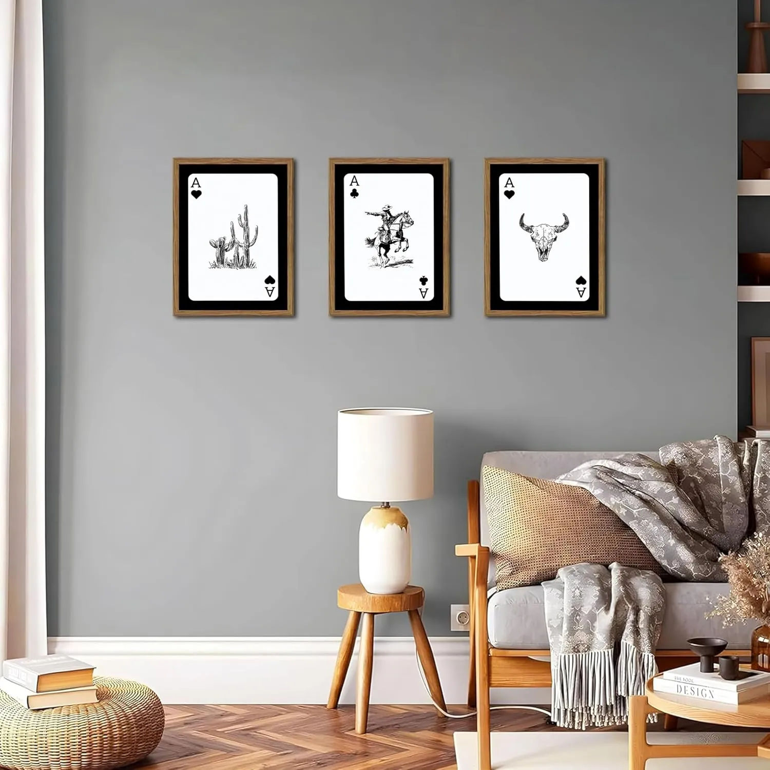 Western Cowboy Wall Art Set Of 3 Cowboy Print Playing Card Inspired Southwestern Canvas Poster Trendy Western Wall Decor Longhorn Bull Skull Room Decor for Bedroom Living Room Framed 12x16 inch