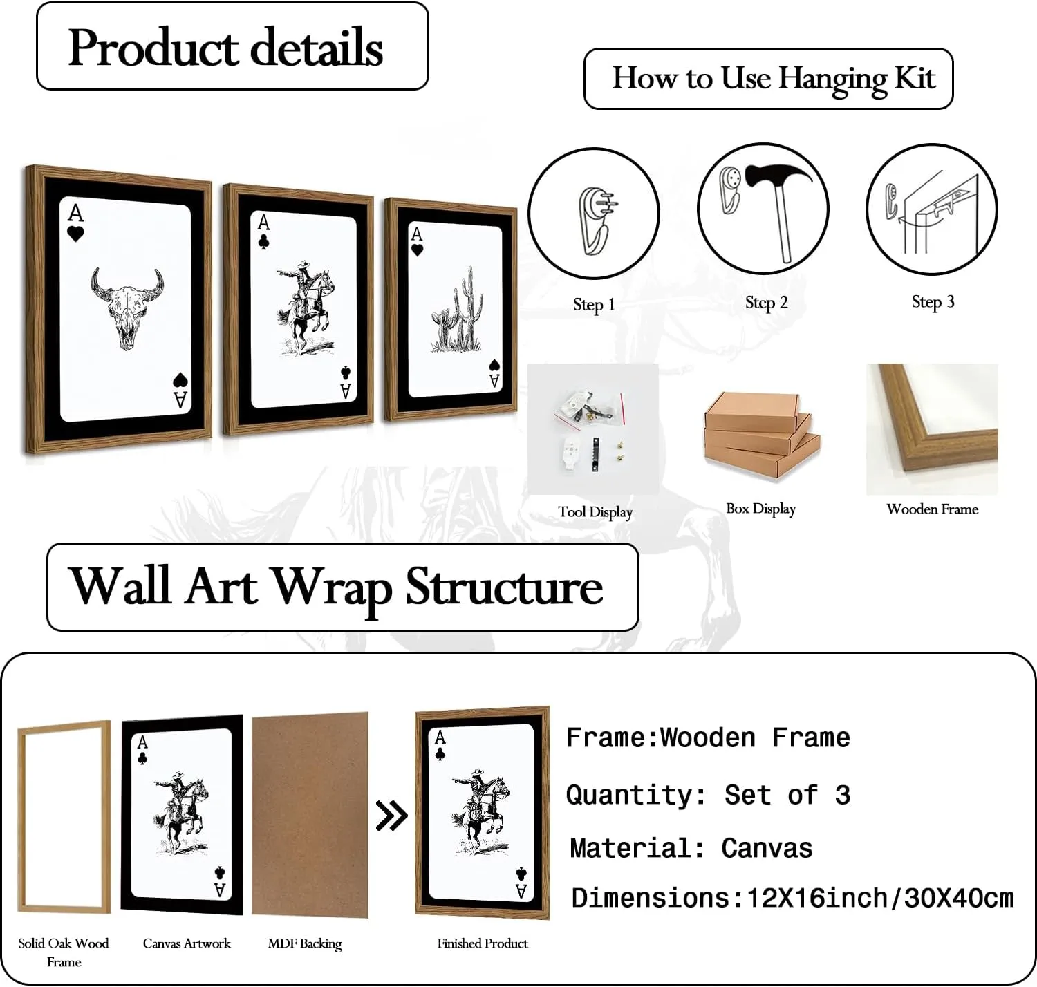 Western Cowboy Wall Art Set Of 3 Cowboy Print Playing Card Inspired Southwestern Canvas Poster Trendy Western Wall Decor Longhorn Bull Skull Room Decor for Bedroom Living Room Framed 12x16 inch