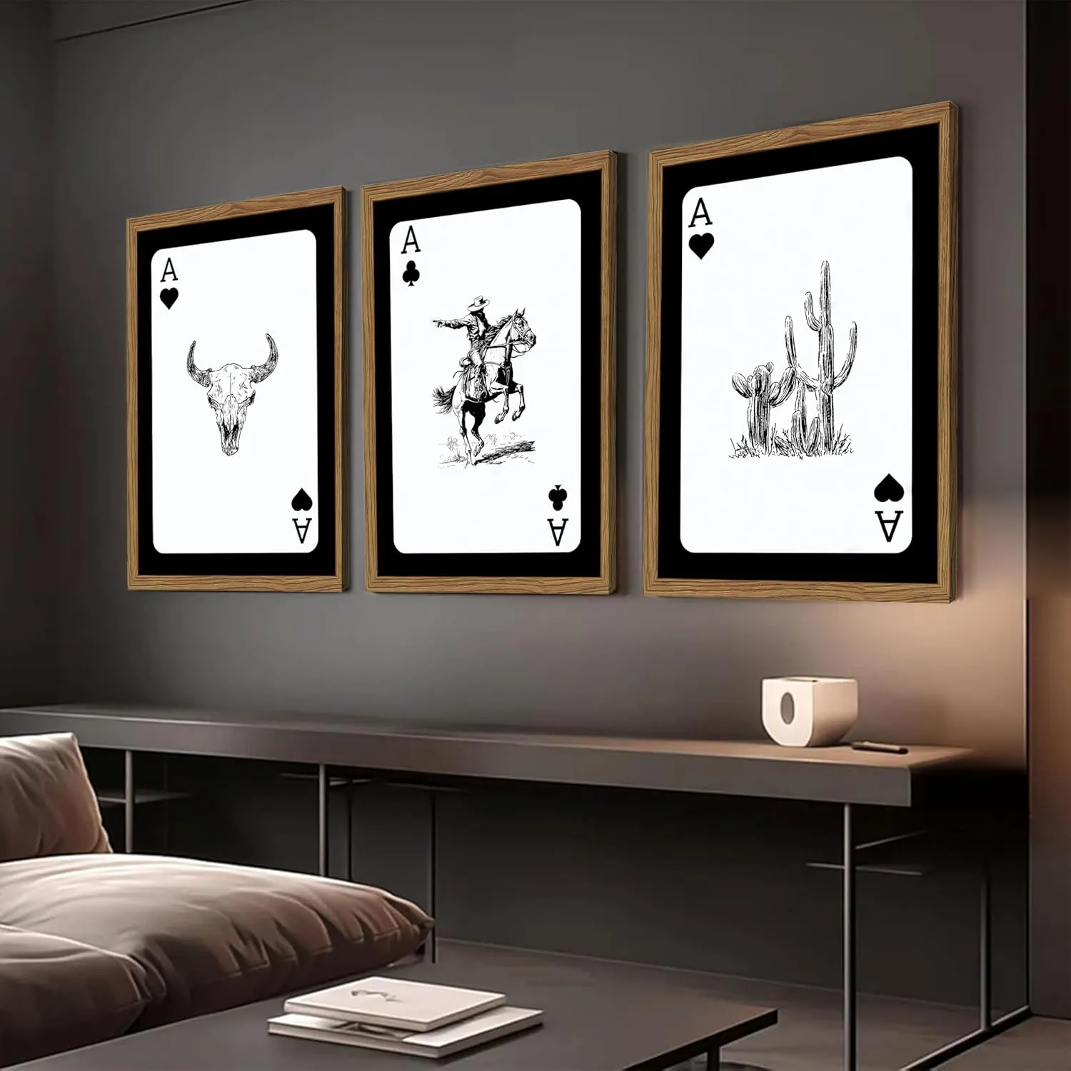 Western Cowboy Wall Art Set Of 3 Cowboy Print Playing Card Inspired Southwestern Canvas Poster Trendy Western Wall Decor Longhorn Bull Skull Room Decor for Bedroom Living Room Framed 12x16 inch