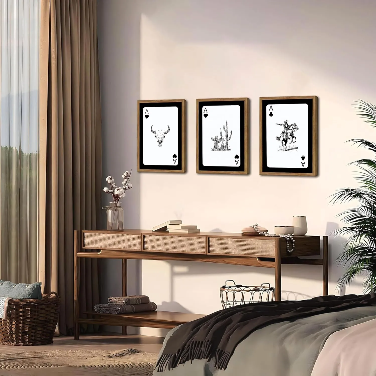Western Cowboy Wall Art Set Of 3 Cowboy Print Playing Card Inspired Southwestern Canvas Poster Trendy Western Wall Decor Longhorn Bull Skull Room Decor for Bedroom Living Room Framed 12x16 inch