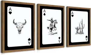 Western Cowboy Wall Art Set Of 3 Cowboy Print Playing Card Inspired Southwestern Canvas Poster Trendy Western Wall Decor Longhorn Bull Skull Room Decor for Bedroom Living Room Framed 12x16 inch