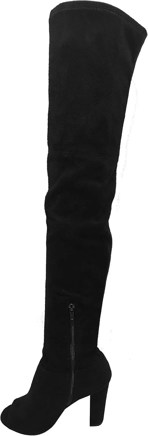 Wild Diva Women Faux Suede Peep Toe Thigh High Chunky Heel Boot GA42