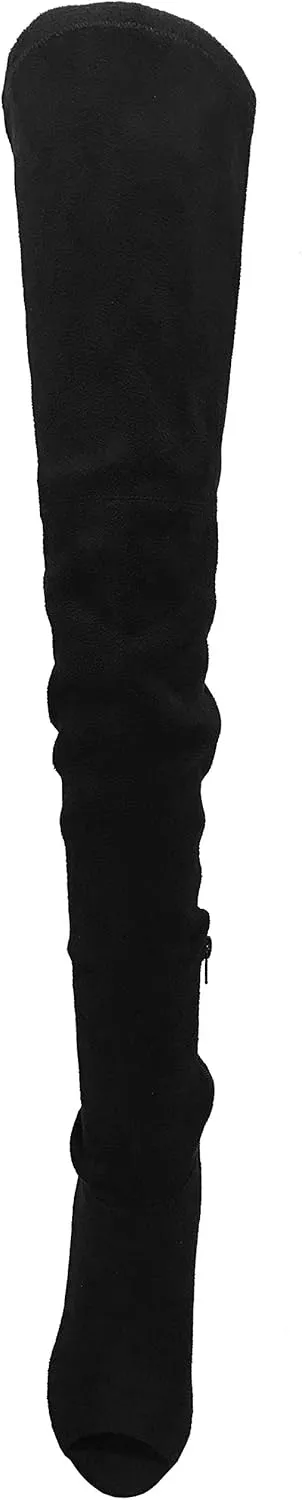 Wild Diva Women Faux Suede Peep Toe Thigh High Chunky Heel Boot GA42