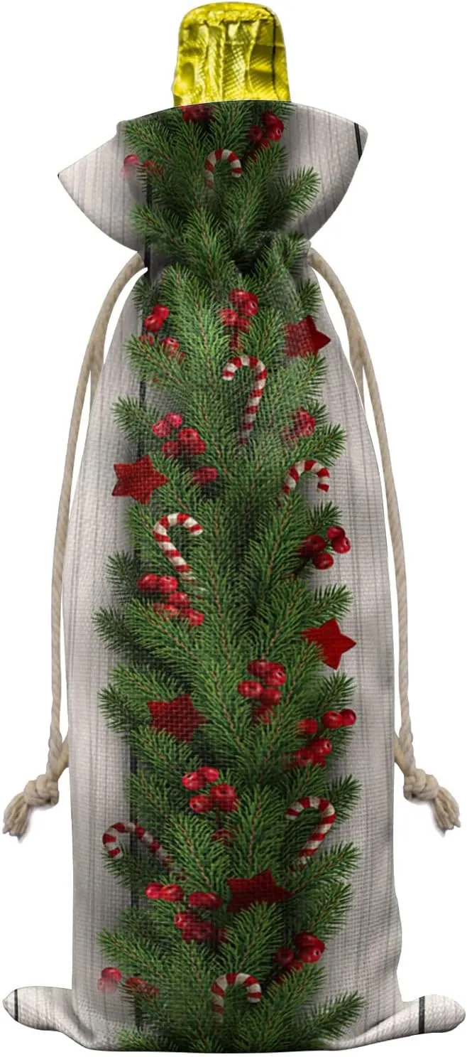Wine Gift Bag Washable Wine Bags for Wine Bottles Gifts Christmas Tree Boughs of Holly and Berry Candy on Rustic Wooden Planks Wine Travel Bag Burlap Wine Bags with Drawstrings Tabs, 10PCS, 6.3"x17.3"