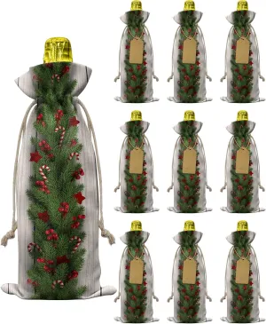 Wine Gift Bag Washable Wine Bags for Wine Bottles Gifts Christmas Tree Boughs of Holly and Berry Candy on Rustic Wooden Planks Wine Travel Bag Burlap Wine Bags with Drawstrings Tabs, 10PCS, 6.3"x17.3"