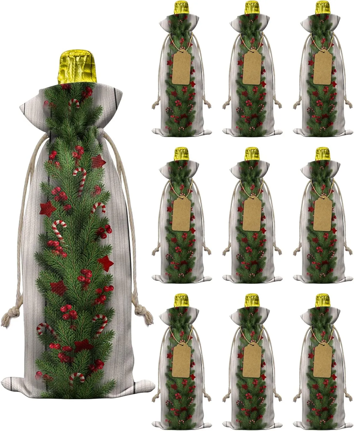 Wine Gift Bag Washable Wine Bags for Wine Bottles Gifts Christmas Tree Boughs of Holly and Berry Candy on Rustic Wooden Planks Wine Travel Bag Burlap Wine Bags with Drawstrings Tabs, 10PCS, 6.3"x17.3"