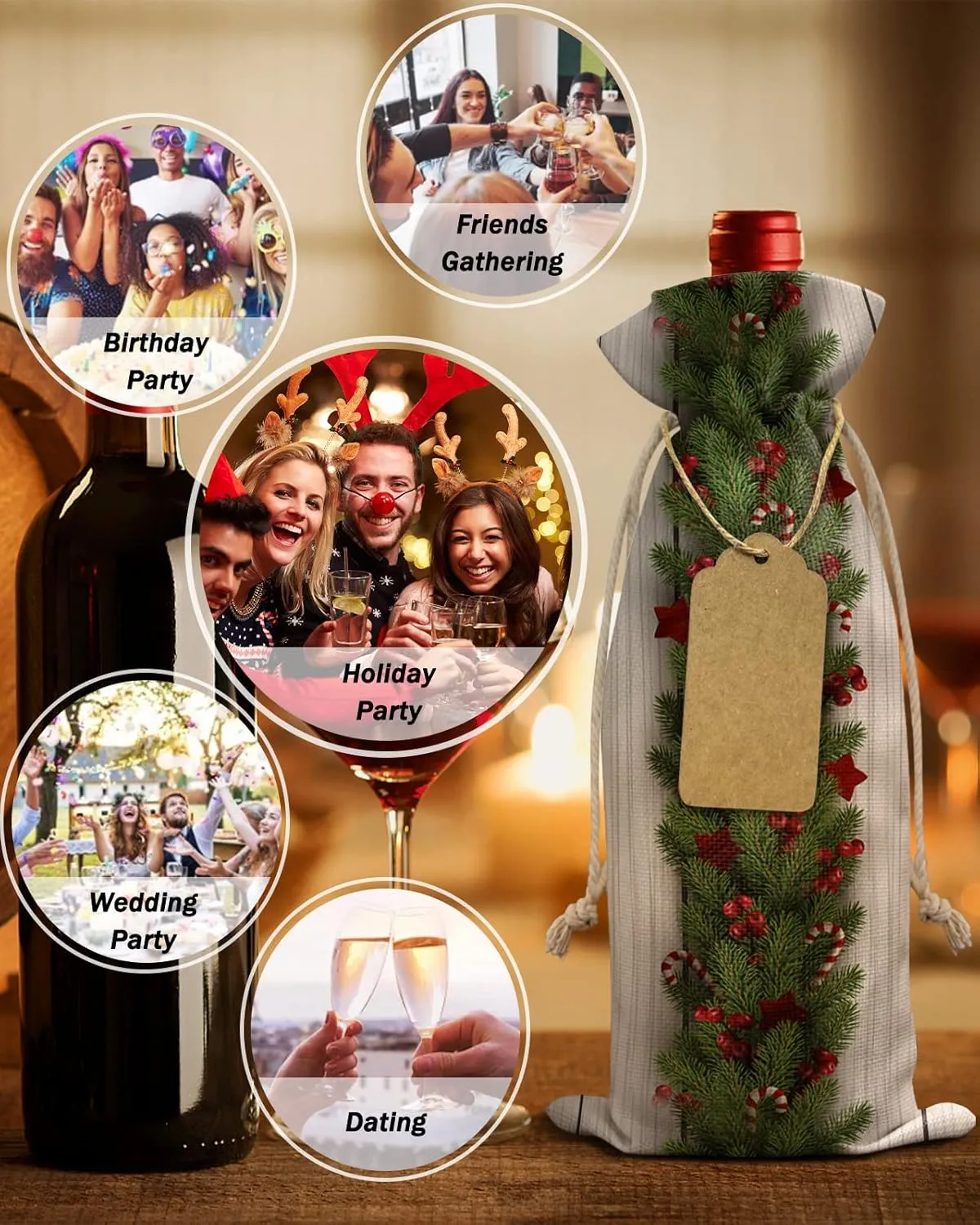 Wine Gift Bag Washable Wine Bags for Wine Bottles Gifts Christmas Tree Boughs of Holly and Berry Candy on Rustic Wooden Planks Wine Travel Bag Burlap Wine Bags with Drawstrings Tabs, 10PCS, 6.3"x17.3"