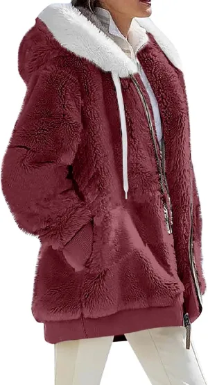 Winter Coats for Women 2024 Long Sleeve Faux Fur Fleece Jacket Zipper Plus Size Hooded Fuzzy Outerwear With Pockets