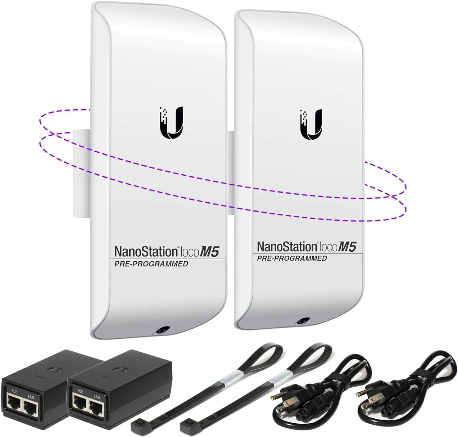 Wireless Bridge LOCOM5 PRE-Programmed Bundle of 2 Ubiquiti Nanostation LOCO M5, Point to Point Outdoor WiFi Bridge, Plugh and Play, 5GHz, 150 Mbps, 15 km Link Range Network Wireless Bridge.