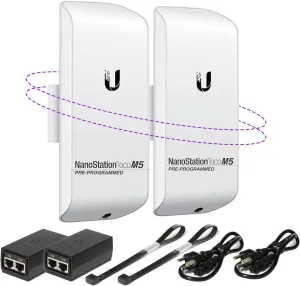 Wireless Bridge LOCOM5 PRE-Programmed Bundle of 2 Ubiquiti Nanostation LOCO M5, Point to Point Outdoor WiFi Bridge, Plugh and Play, 5GHz, 150 Mbps, 15 km Link Range Network Wireless Bridge.