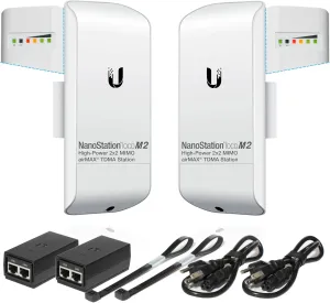 Wireless Bridge Ubiquiti LOCOM2 PRE-CONFIGURED, Bundle of 2 Ubiquiti Nanostation LOCO M2, Point to Point Outdoor WiFi Bridge, Plugh and Play 2.4GHz, 150 Mbps, 10 km Link Range, Network Bridge