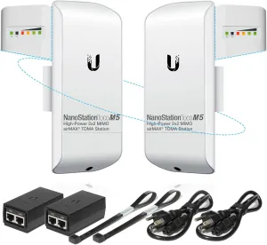 Wireless Bridge Ubiquiti LOCOM5 PRE-CONFIGURED, Bundle of 2 Ubiquiti Nanostation LOCO M5, Point to Point Outdoor WiFi Bridge, Plugh and Play, 5GHz, 150 Mbps, 10 km Link Range, Network Bridge.