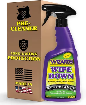 Wizards - Wipe Down Quick Detailer Spray - Matte Finish Cleaning Solution - Effortless On-The-Go Detailing for Flat, Suede, and Denim Surfaces - Professional Auto and Motorcycle Care Essential - 22 Oz