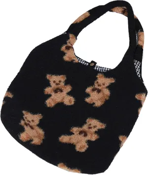 Women Canvas Tote Cute Bear Plush Shoulder Bag Furry Handbag Purse Large Faux Fur Shopping Dating Bag
