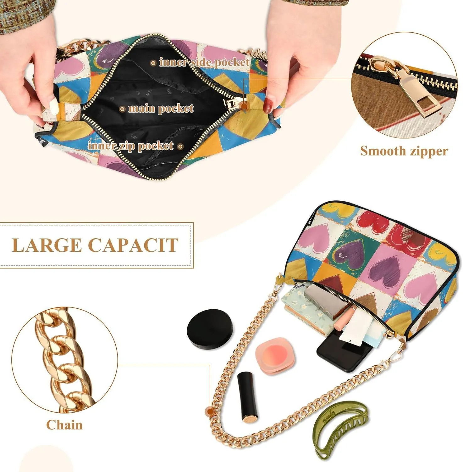 Women Chain Shoulder Purse Bag with Zipper Pocket Mini Small Hobo Tote Clutch Handbags with Gold Chain Strap