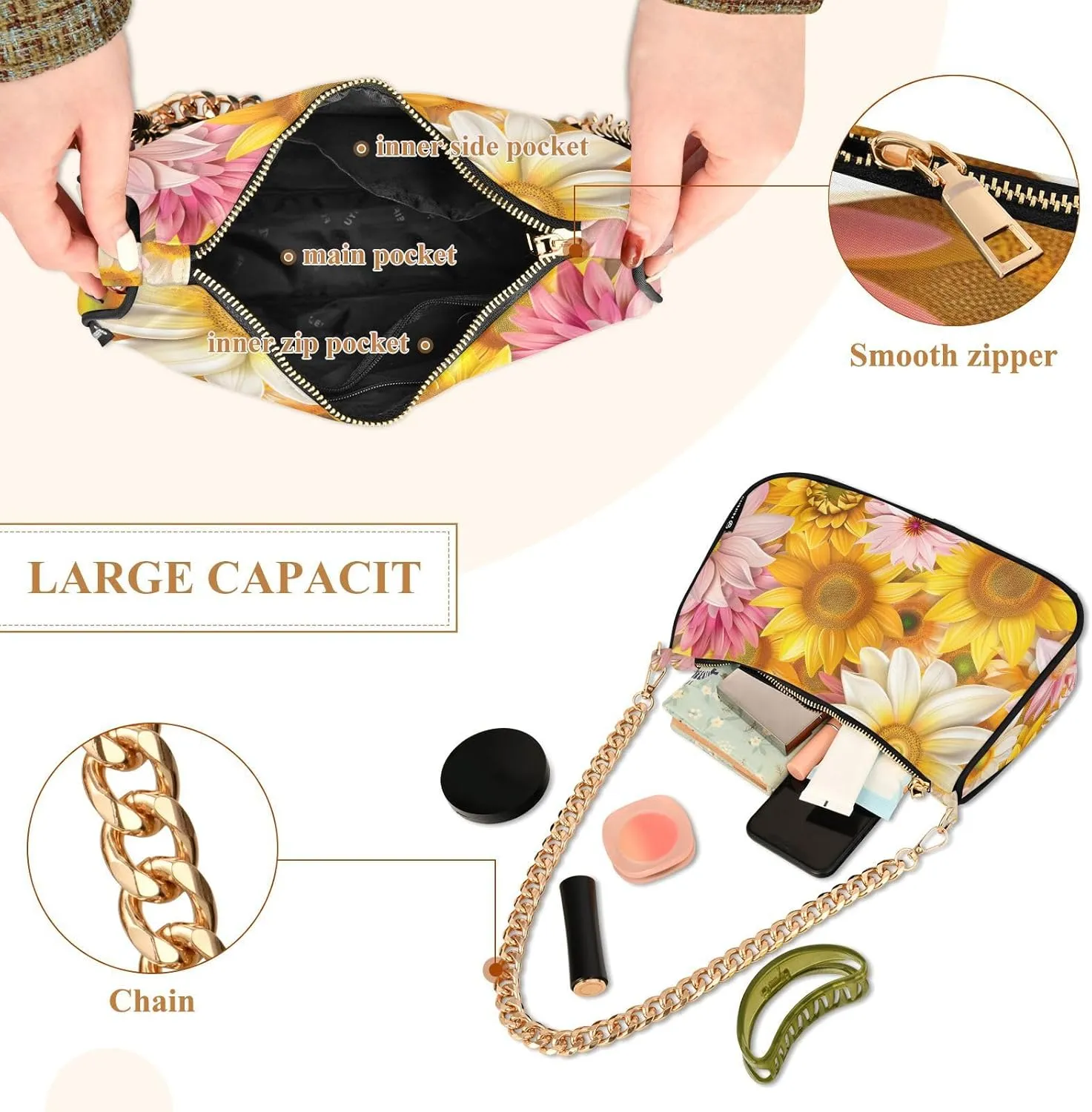 Women Chain Shoulder Purse Bag with Zipper Pocket Mini Small Hobo Tote Clutch Handbags with Gold Chain Strap