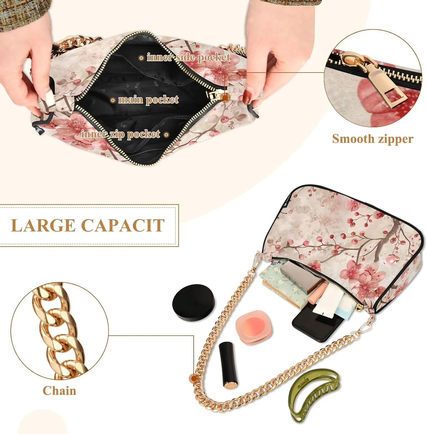 Women Chain Shoulder Purse Bag with Zipper Pocket Mini Small Hobo Tote Clutch Handbags with Gold Chain Strap