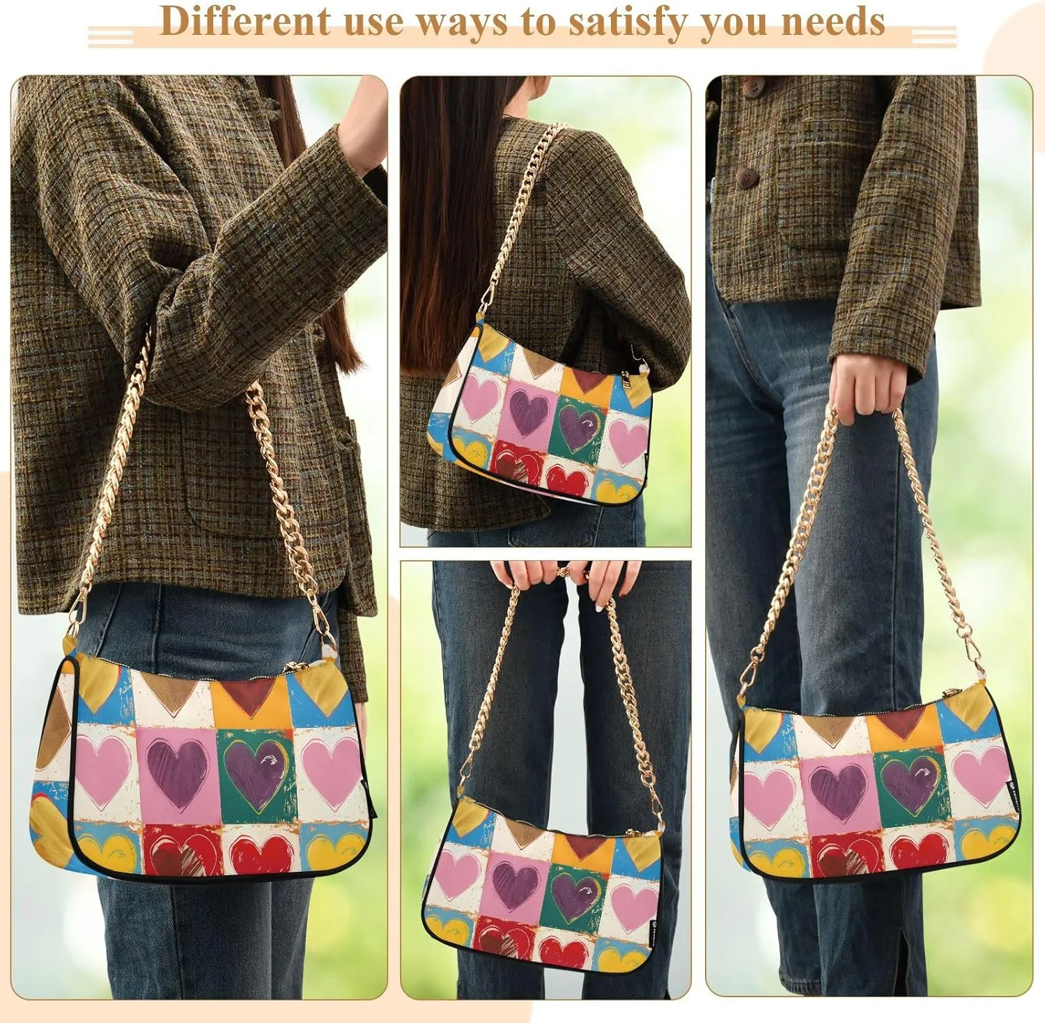 Women Chain Shoulder Purse Bag with Zipper Pocket Mini Small Hobo Tote Clutch Handbags with Gold Chain Strap