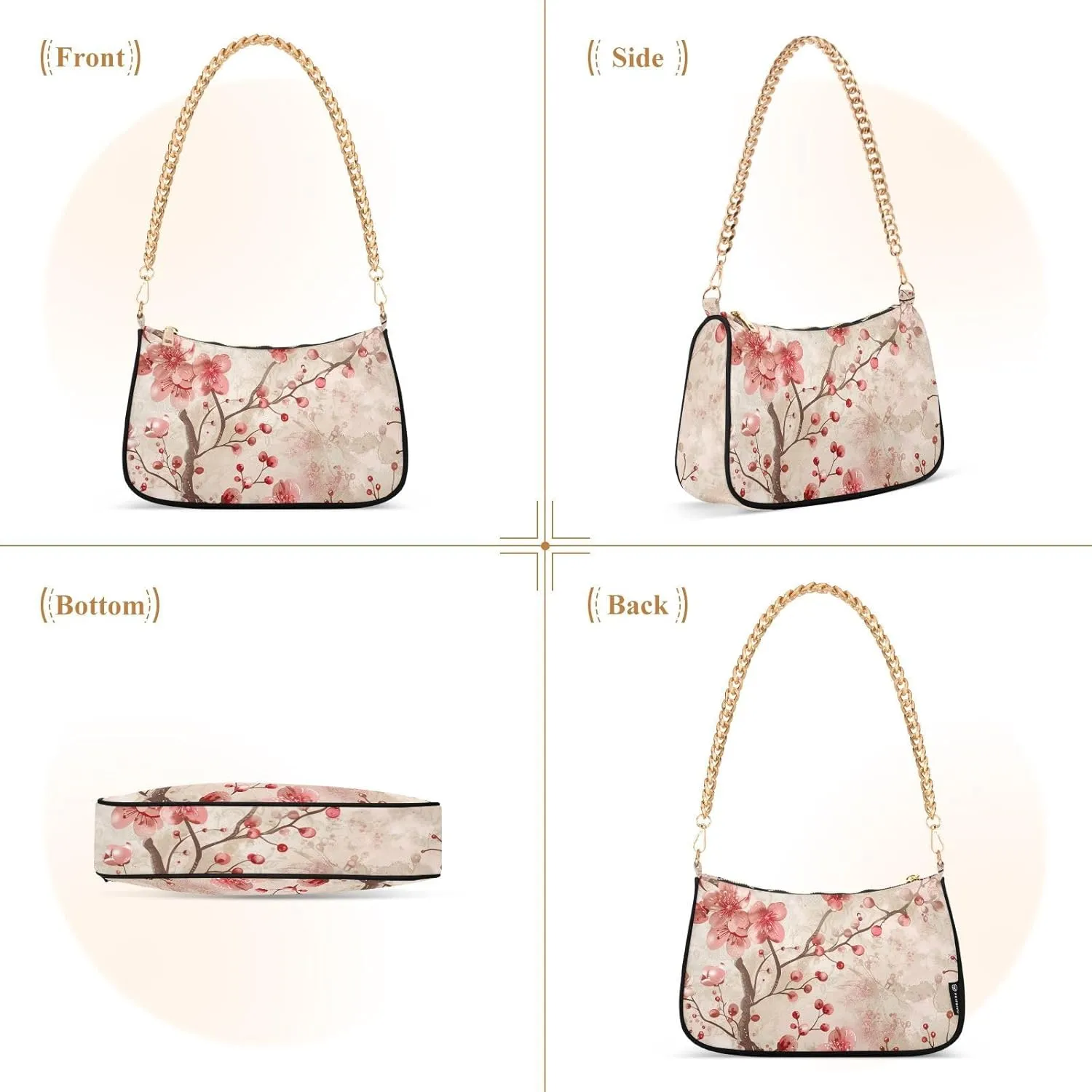 Women Chain Shoulder Purse Bag with Zipper Pocket Mini Small Hobo Tote Clutch Handbags with Gold Chain Strap