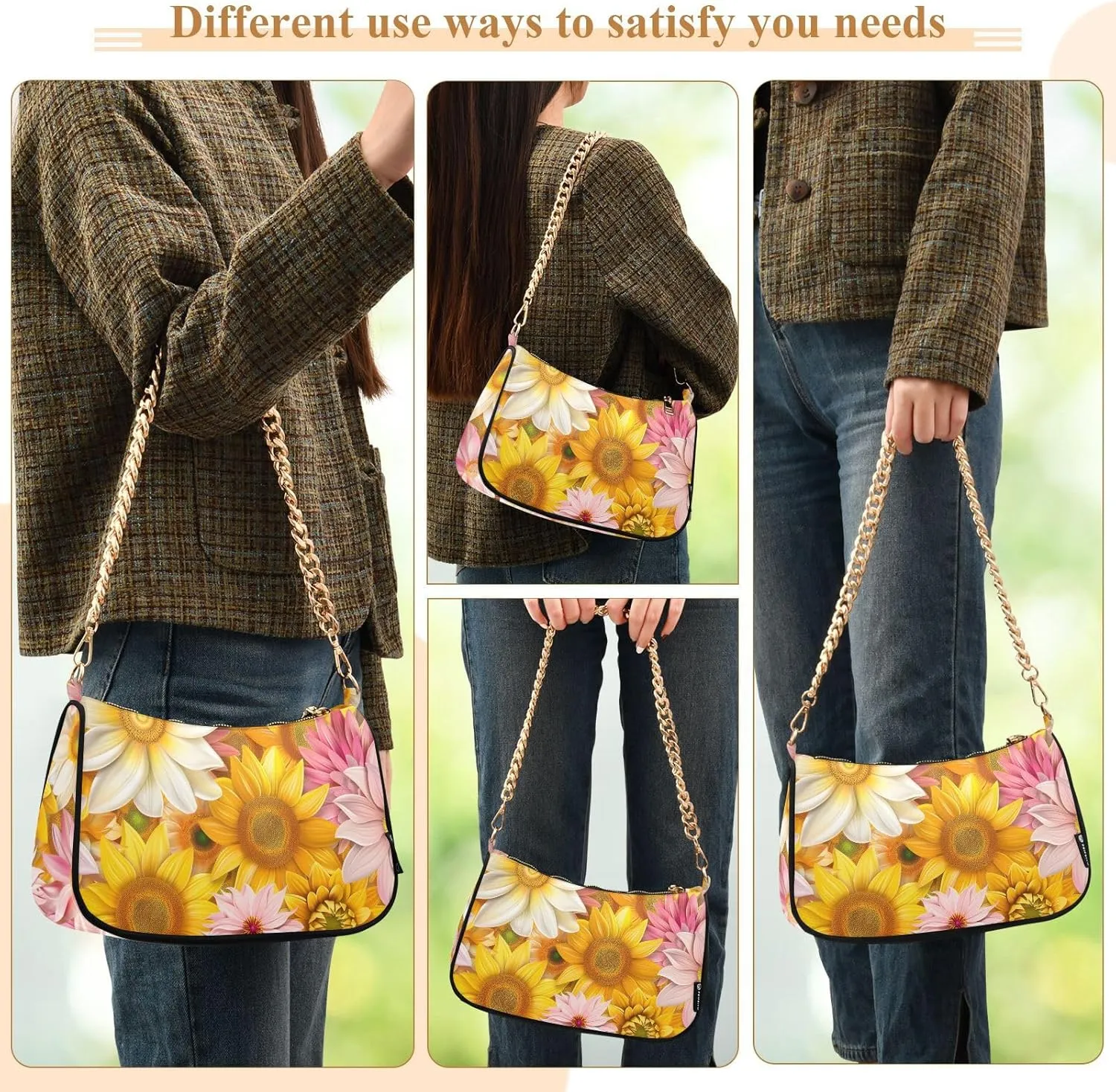 Women Chain Shoulder Purse Bag with Zipper Pocket Mini Small Hobo Tote Clutch Handbags with Gold Chain Strap