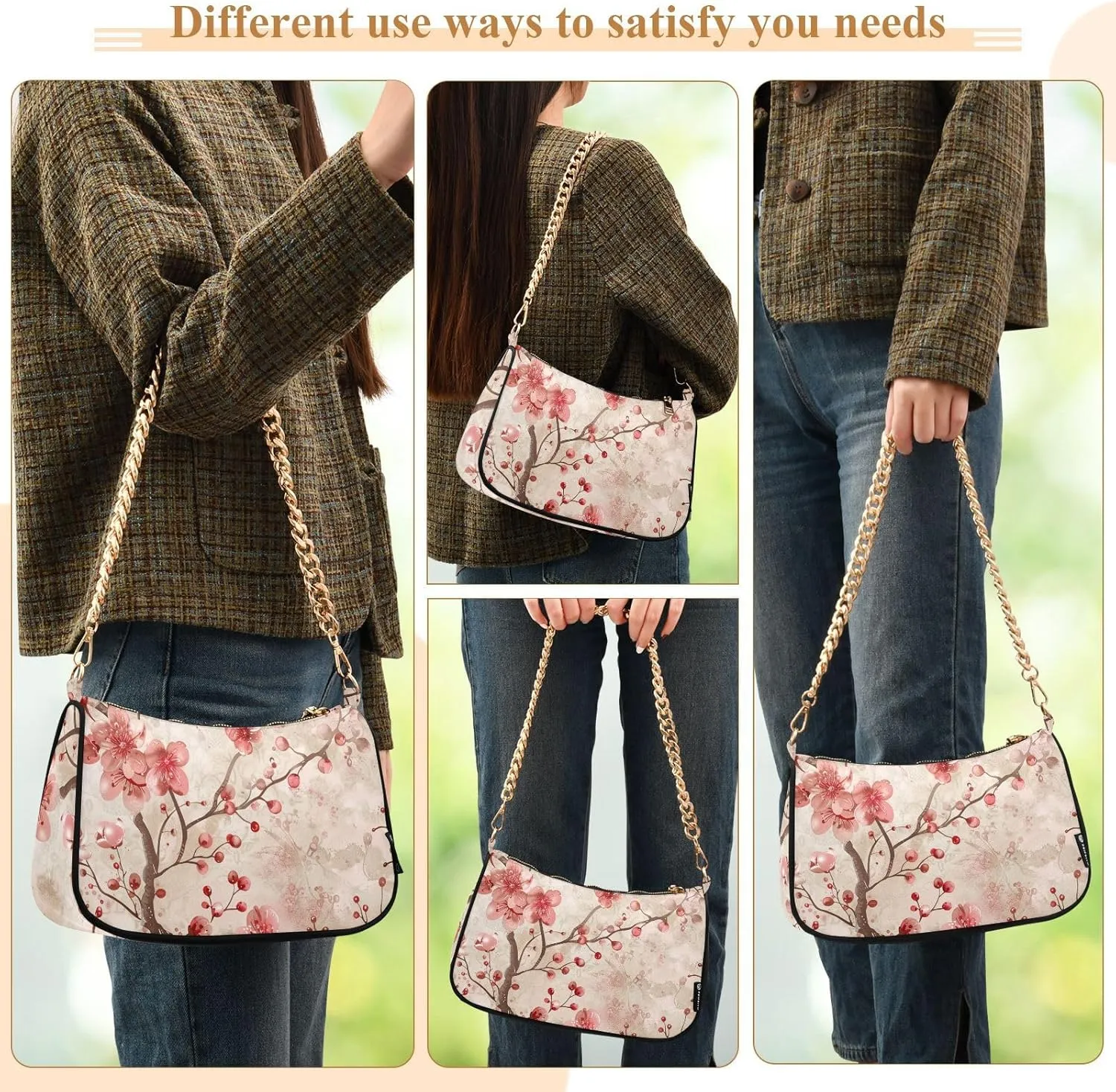 Women Chain Shoulder Purse Bag with Zipper Pocket Mini Small Hobo Tote Clutch Handbags with Gold Chain Strap