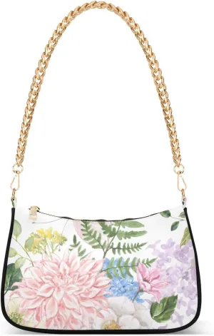 Women Chain Shoulder Purse Bag With Zipper Watercolor Floral Butterfly Print, Garden Pink Flowers Hobo Tote Clutch Handbags with Chain Strap