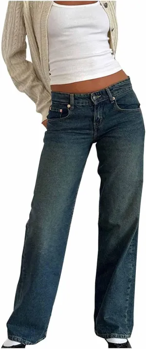 Women Classic Contrast Wash Bootcut Denim Pants, Low Rise Baggy Wide Leg Casual Jeans Fashion Comfy Denim Trousers