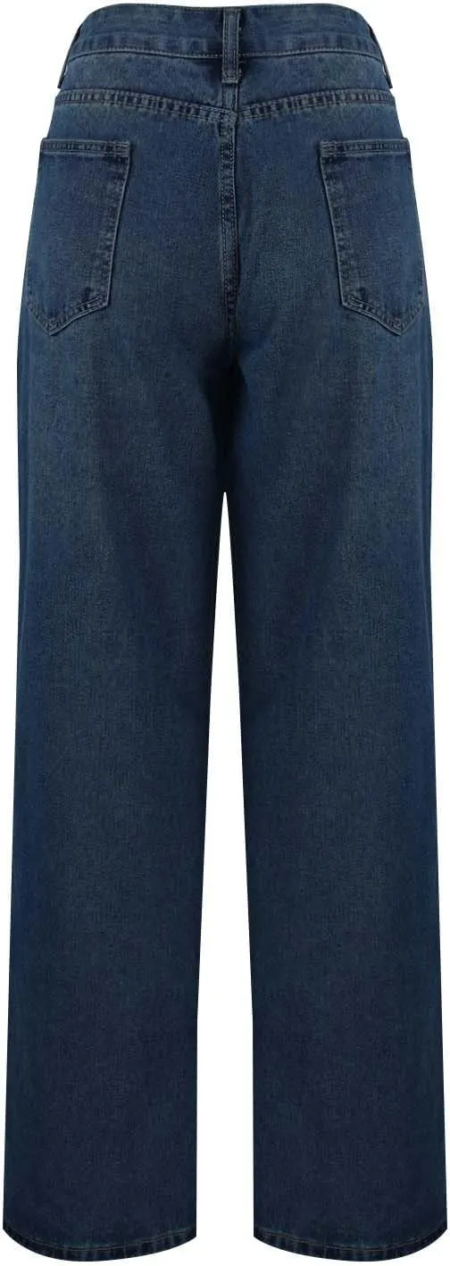 Women Classic Contrast Wash Bootcut Denim Pants, Low Rise Baggy Wide Leg Casual Jeans Fashion Comfy Denim Trousers