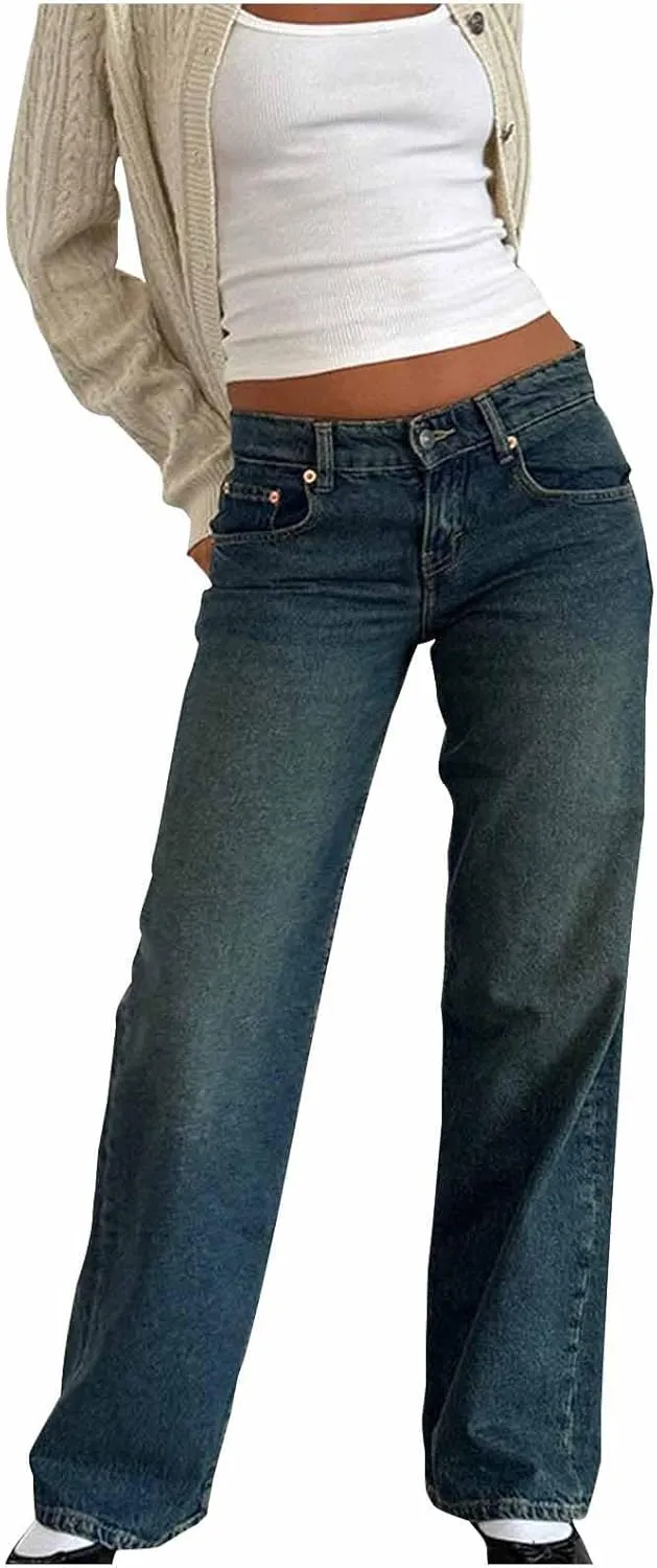 Women Classic Contrast Wash Bootcut Denim Pants, Low Rise Baggy Wide Leg Casual Jeans Fashion Comfy Denim Trousers
