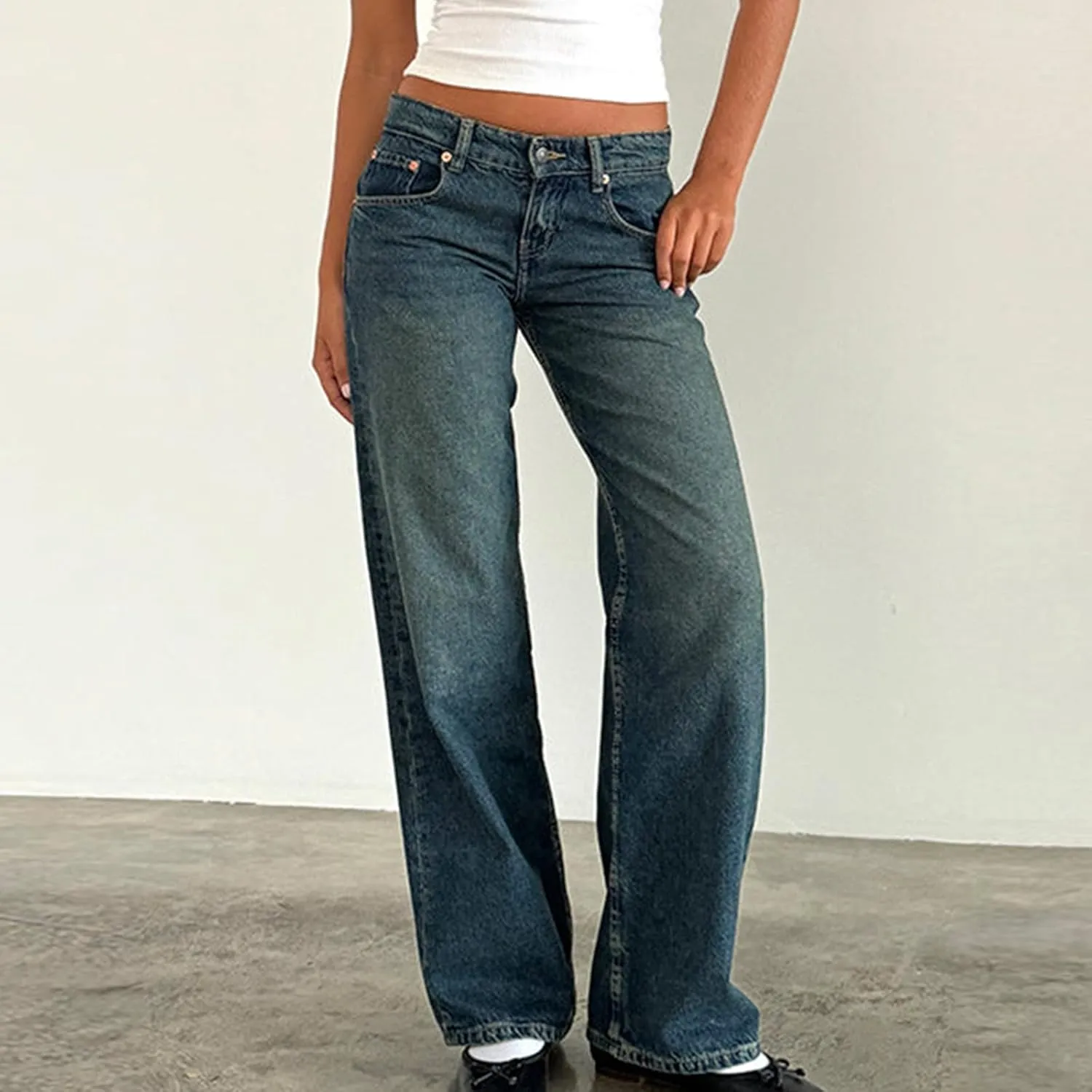 Women Classic Contrast Wash Bootcut Denim Pants, Low Rise Baggy Wide Leg Casual Jeans Fashion Comfy Denim Trousers