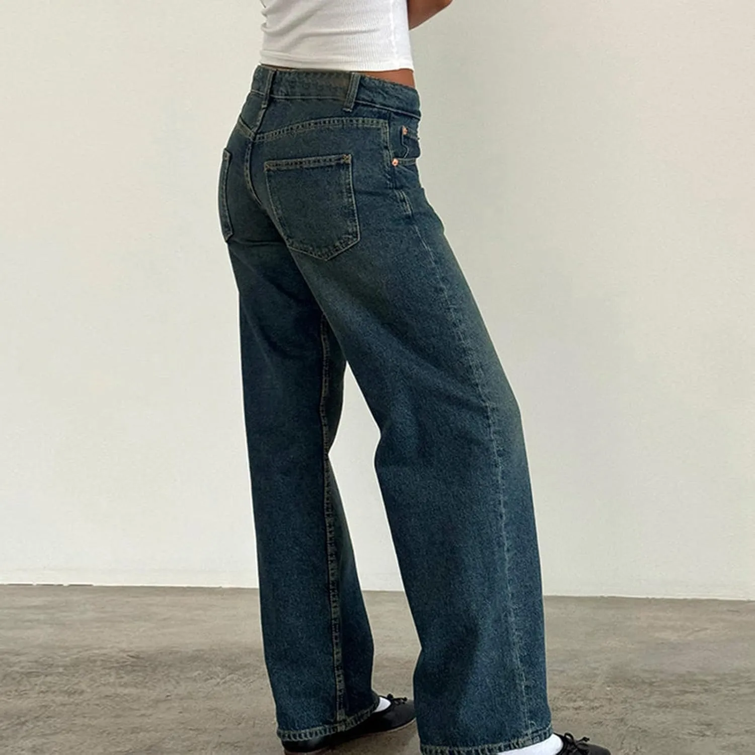 Women Classic Contrast Wash Bootcut Denim Pants, Low Rise Baggy Wide Leg Casual Jeans Fashion Comfy Denim Trousers