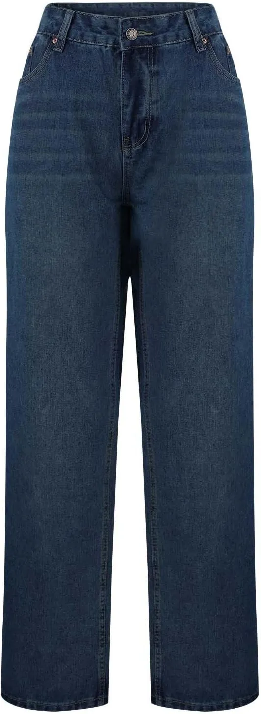Women Classic Contrast Wash Bootcut Denim Pants, Low Rise Baggy Wide Leg Casual Jeans Fashion Comfy Denim Trousers
