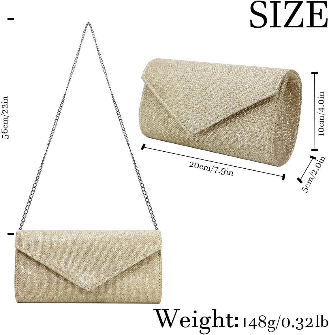Women Clutch Purses Sparkling Envelope Evening Bag with Detachable Chain for Women Prom
