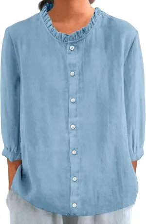 Women Cotton Linen Shirts Casual 3/4 Sleeve Frill Neck Pullover Blouses for Summer Dressy Solid Gauze Tunic Tops