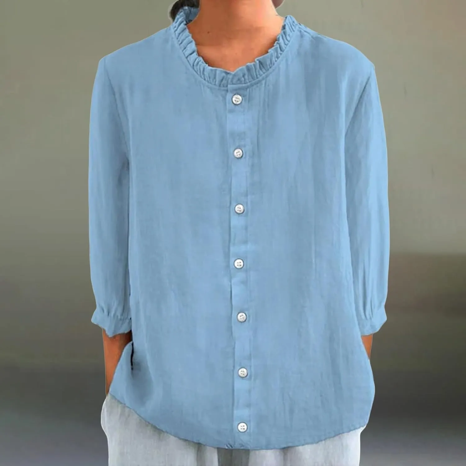 Women Cotton Linen Shirts Casual 3/4 Sleeve Frill Neck Pullover Blouses for Summer Dressy Solid Gauze Tunic Tops