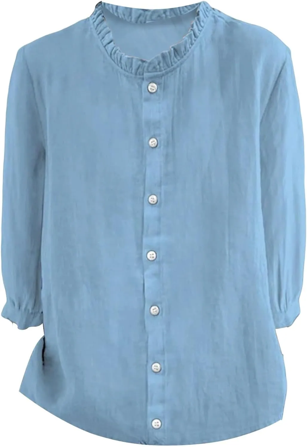 Women Cotton Linen Shirts Casual 3/4 Sleeve Frill Neck Pullover Blouses for Summer Dressy Solid Gauze Tunic Tops