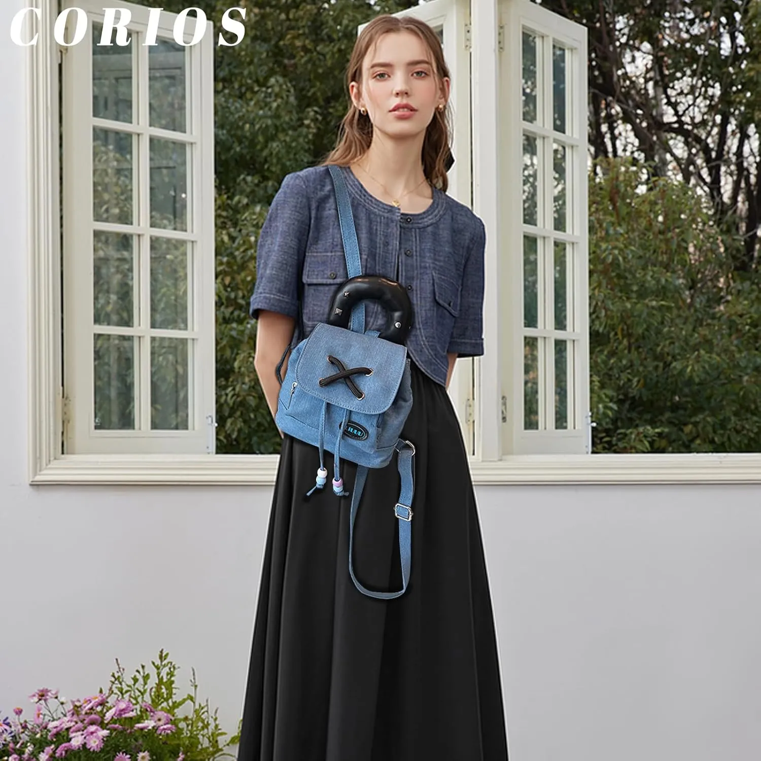 Women Denim Backpack Drawstring Rucksack Casual Style Lightweight Daypack Jean Purse Small Handbag Tote Bag Cute Top Handle Bag Fashion Shoulder Bag for Travel Work Shopping Dark Bule