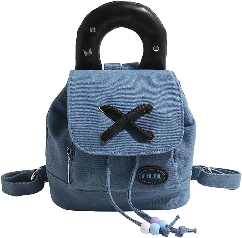 Women Denim Backpack Drawstring Rucksack Casual Style Lightweight Daypack Jean Purse Small Handbag Tote Bag Cute Top Handle Bag Fashion Shoulder Bag for Travel Work Shopping Dark Bule