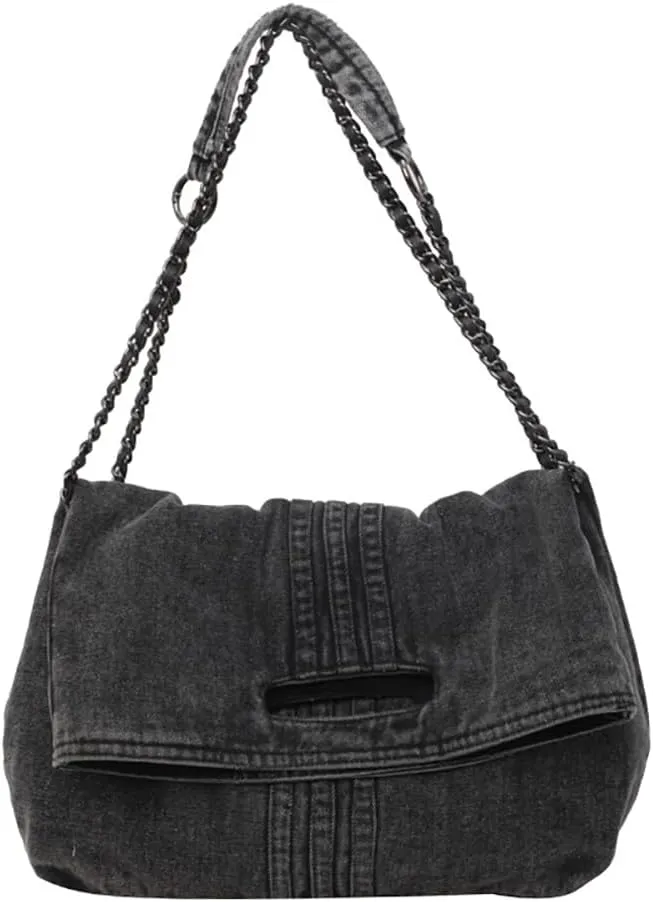 Women Denim Shoulder Handbag Retro Crossbody Bag Large Capacity Tote Purse Chain Strap Underarm Bag