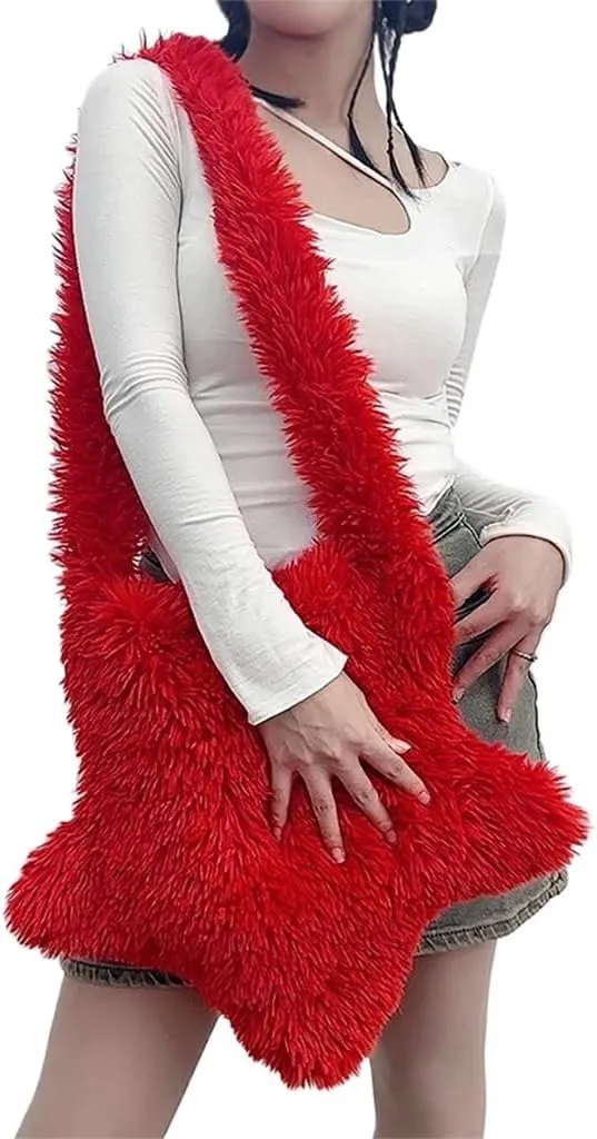 Women Fluffy Star Shaped Handbag Faux Fur Shoulder Bag Plush Crossbody Bag for Amusement Park Shopping Daily Life