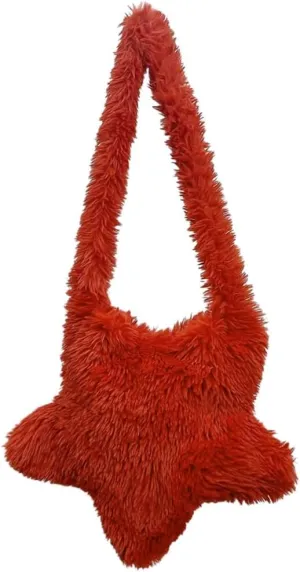 Women Fluffy Star Shaped Handbag Faux Fur Shoulder Bag Plush Crossbody Bag for Amusement Park Shopping Daily Life