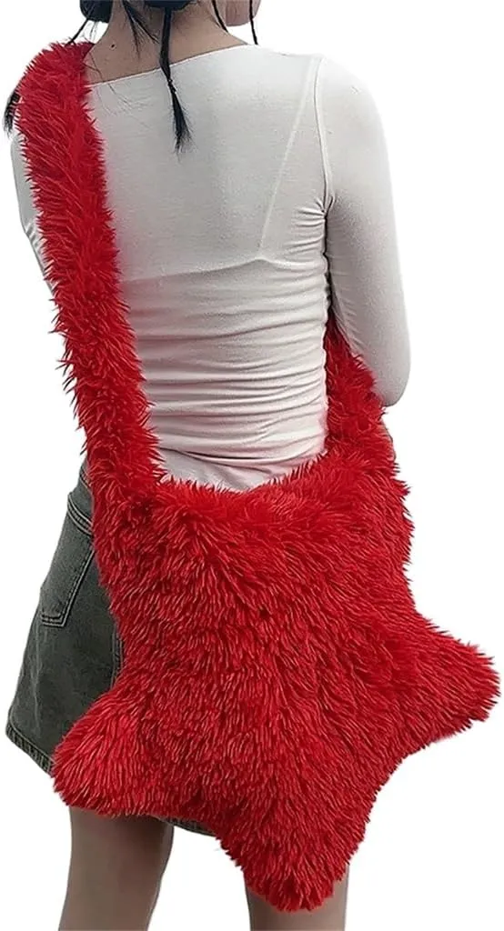Women Fluffy Star Shaped Handbag Faux Fur Shoulder Bag Plush Crossbody Bag for Amusement Park Shopping Daily Life