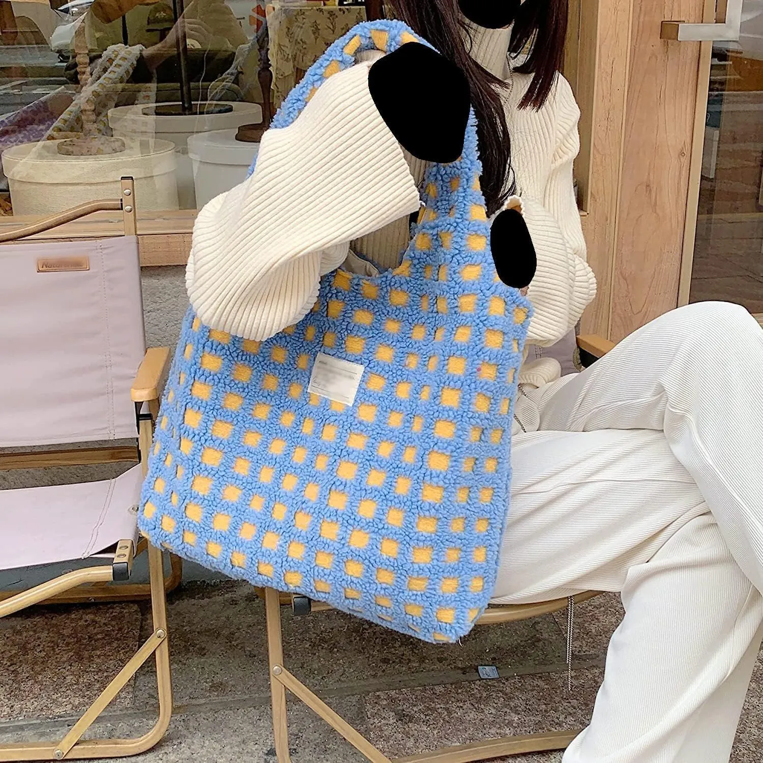 Women Girls Cute Bear Plush Shoulder Bag Large Tote Handbag Purse Faux Fur Shopping Dating Bag for Grills