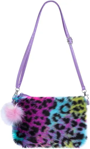 Women Girls Kids Fluffy Fuzzy Bag Plush Tie Dye Rainbow Crossbody Purse Wallet