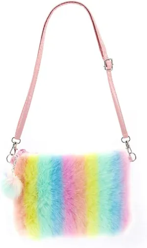 Women Girls Kids Fluffy Fuzzy Bag Plush Tie Dye Rainbow Crossbody Purse Wallet