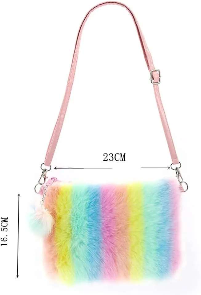 Women Girls Kids Fluffy Fuzzy Bag Plush Tie Dye Rainbow Crossbody Purse Wallet